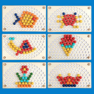 Six patterns for wooden balls to develop fine motor skills on blue background