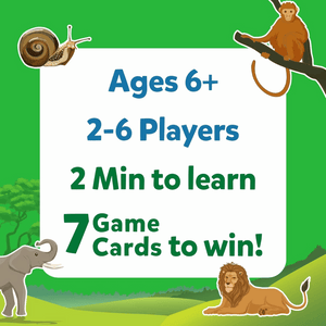 Skillmatics Guess in 10 Animal Kingdom card game info graphic