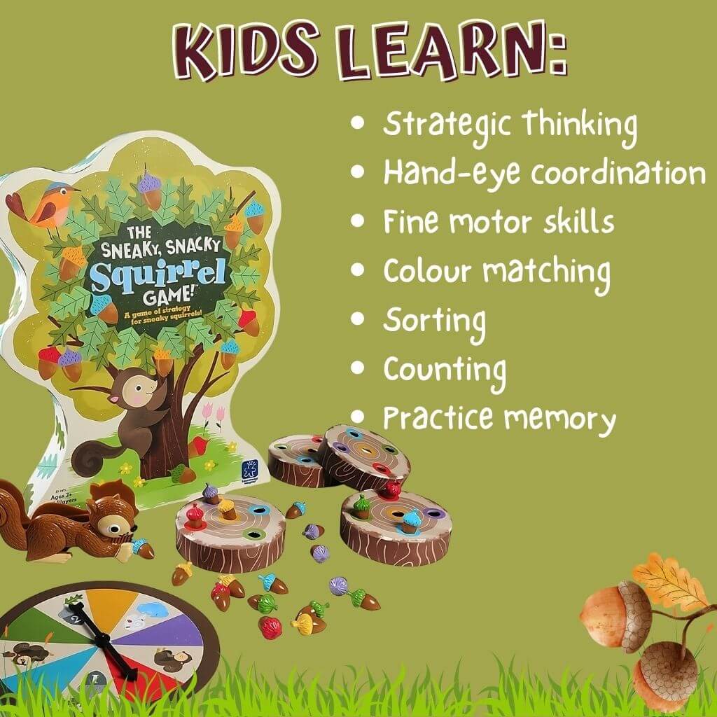 The Sneaky, Snacky Squirrel Board Game by Educational Insights info graphic what kids learn