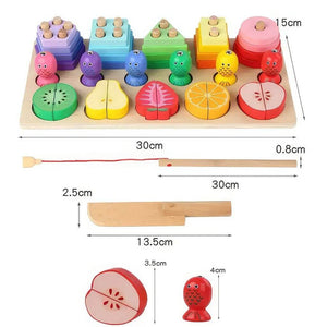 Stacking toy with shapes, fruits and fish with dimensions on white background