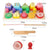 Stacking toy with shapes, fruits and fish with dimensions on white background