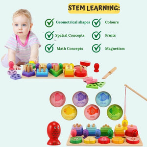 Stacking toy with shapes, fruits and fish info graphic