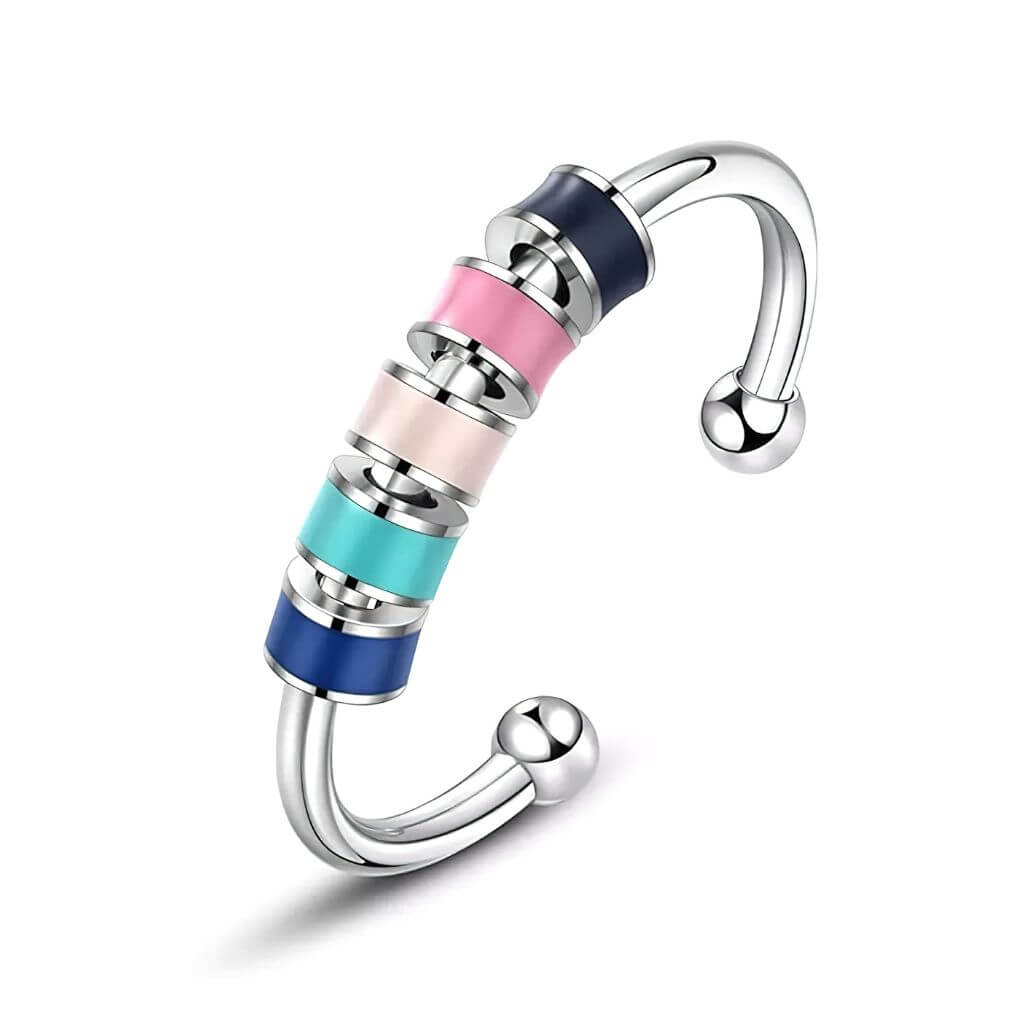 Stainless steel adjustable fidget ring with enamel beads blue on white background