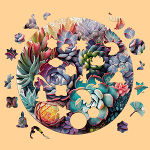 Succulent Garden puzzle for adults with animal shaped pieces on mustard background