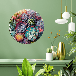 Succulent Garden round puzzle mounted on a green living room wall