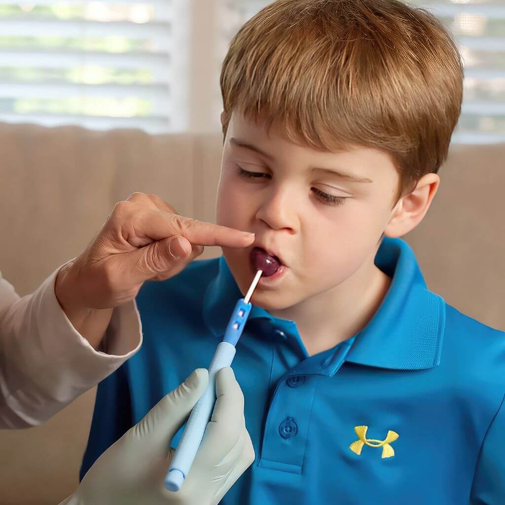 Therapist touching boy's moth with a red lollipop in Ark's popette tip for the Z-Vibe