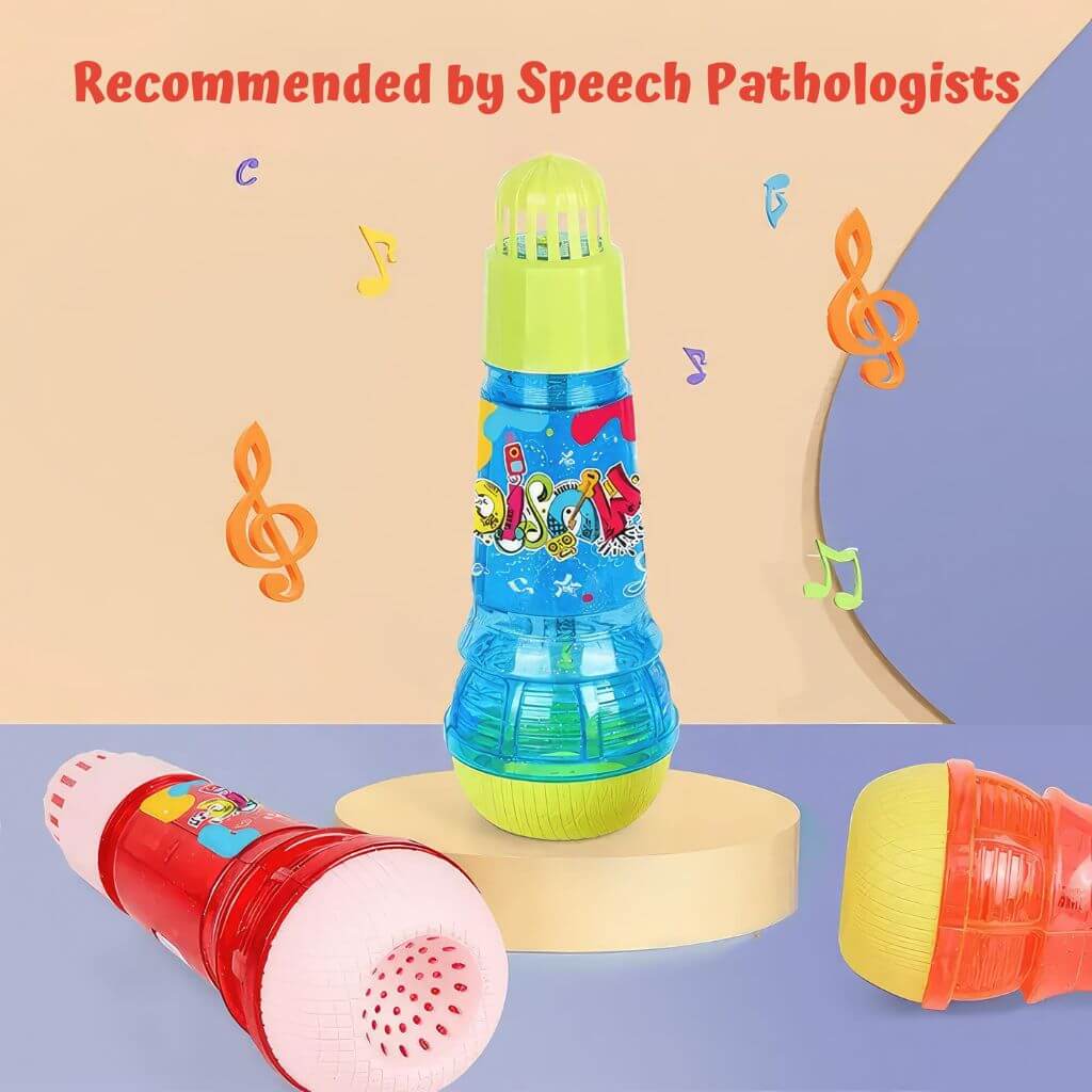 Three echo microphones on a violet and peach background