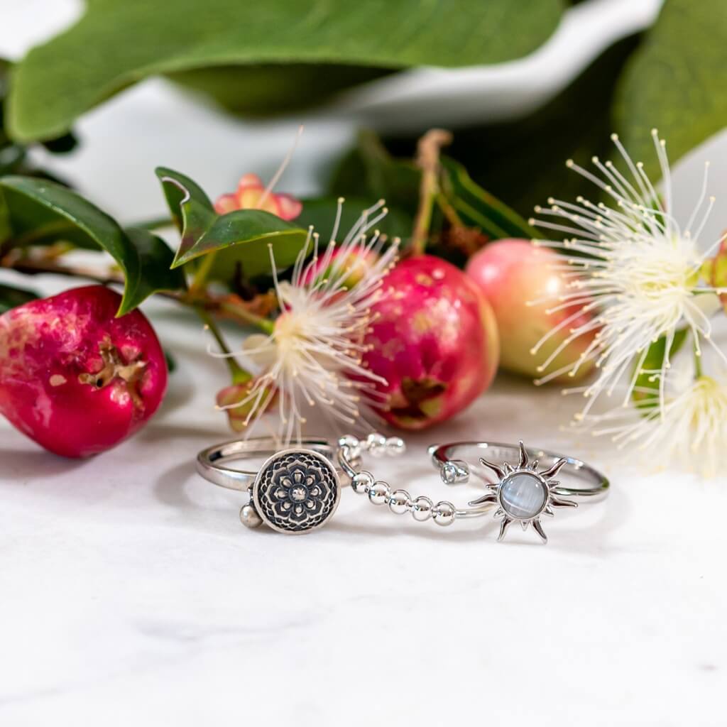 Three spinner anxiety rings on a white surface with red berries in background close up