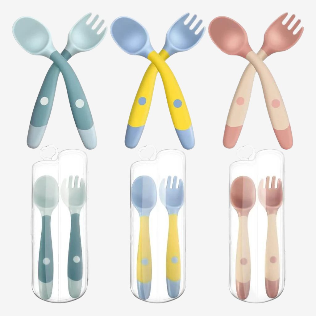 Three Spoon and Fork Sets with Bendable Handle and travel case on white background