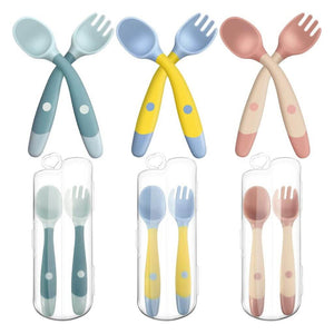 Three Spoon and Fork Sets with Bendable Handle and travel case on white background