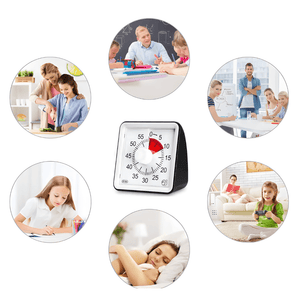 Timer 4 minutes black surrounded by round lifestyle pictures on white background