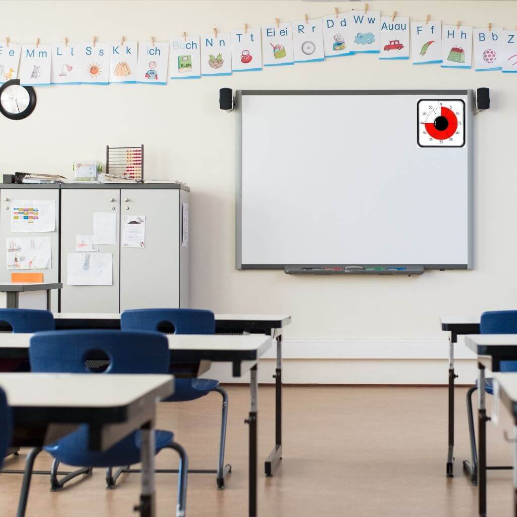 Timer classroom on a white board on an empty classroom