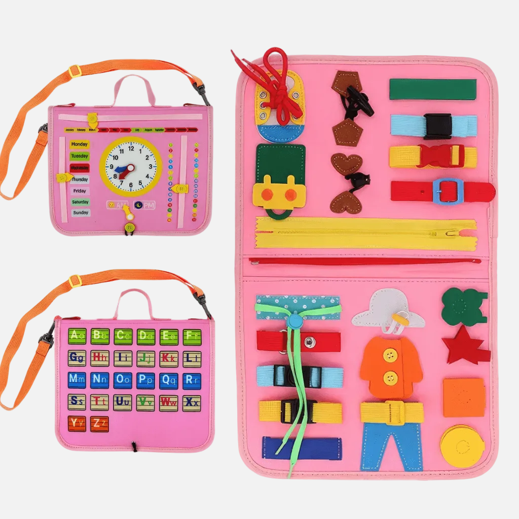 A pink children's activity pocket organizer shown open and closed on a white background. The closed view shows a small pink bag with an orange strap, a clock face, alphabet keys, and colorful buttons.