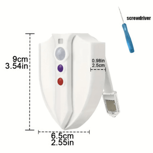 Toilet bowl light with UV steriliser and motion sensor product dimensions info graphic