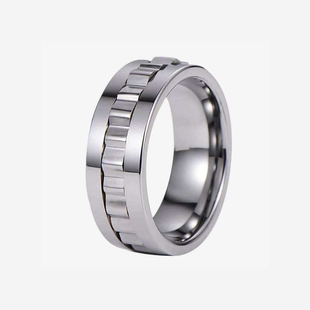 Tungsten ring for men with textured band on white background