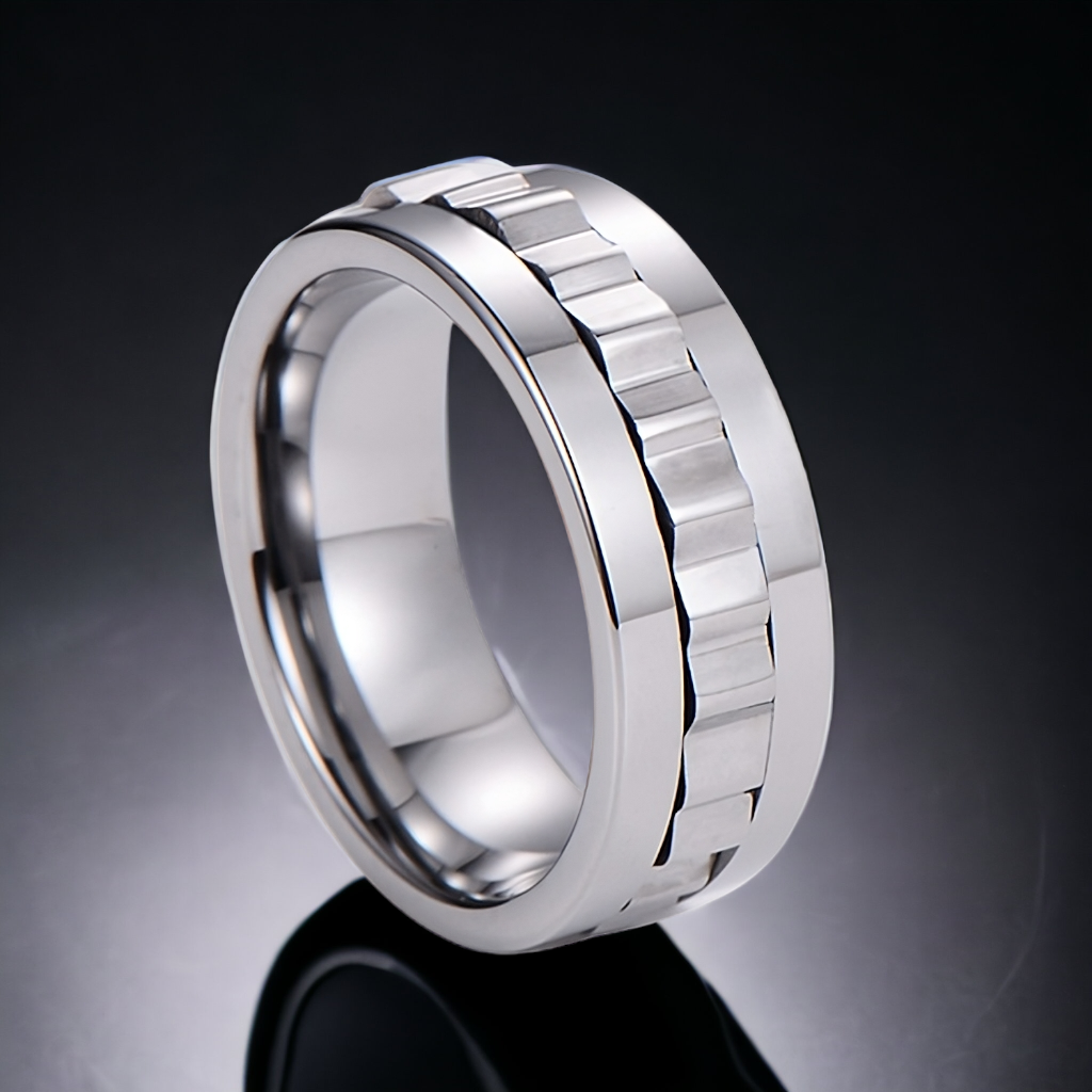 Tungsten ring for men with textured band on white background