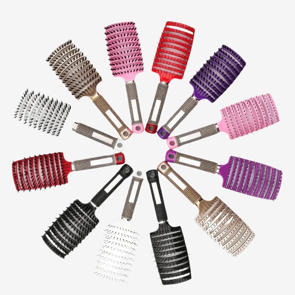 Twelve detangling hair brushes forming a circle on white background