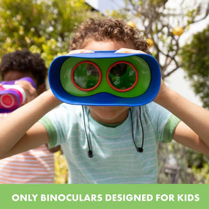 Two boys with curly hair looking through GeoSafari Kidnoculars by Educational Insights in a park