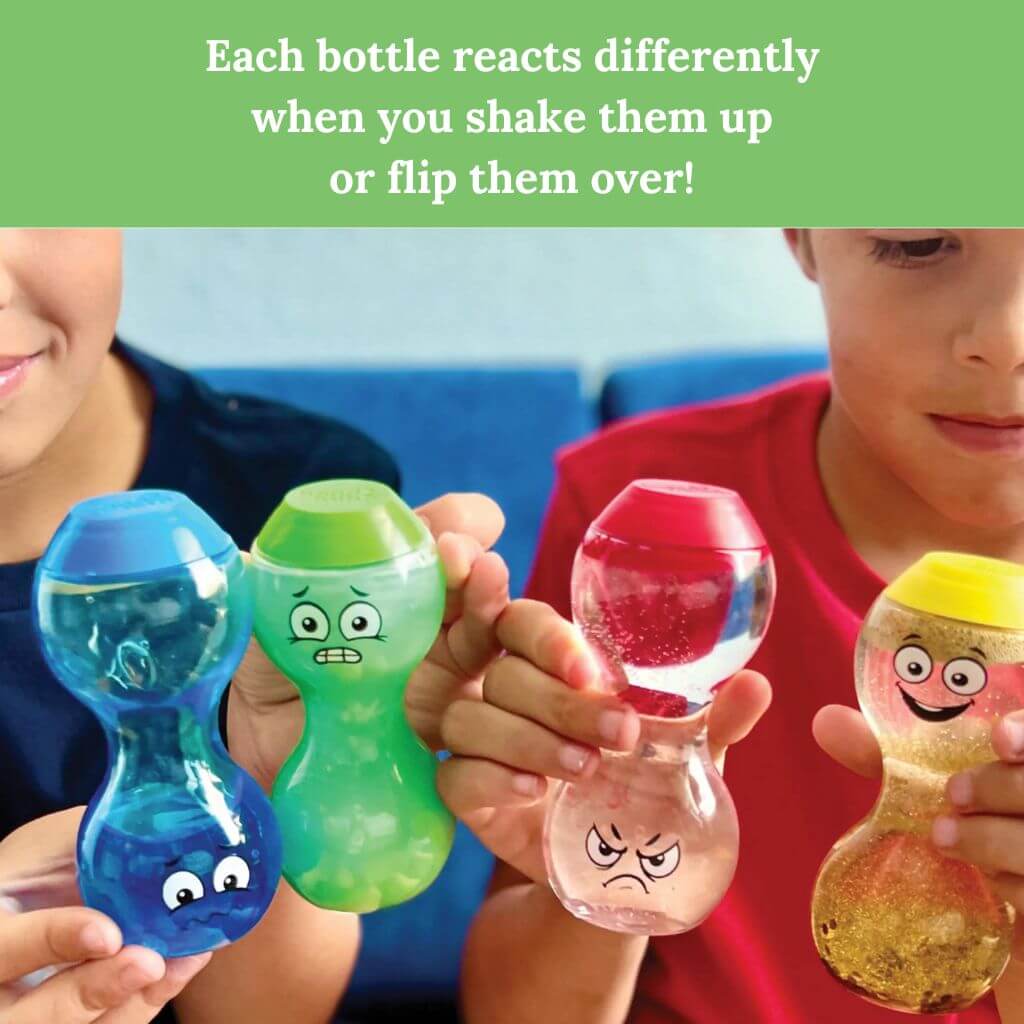 Two boys holding Express Your Feelings Sensory Bottles by hand2mind each