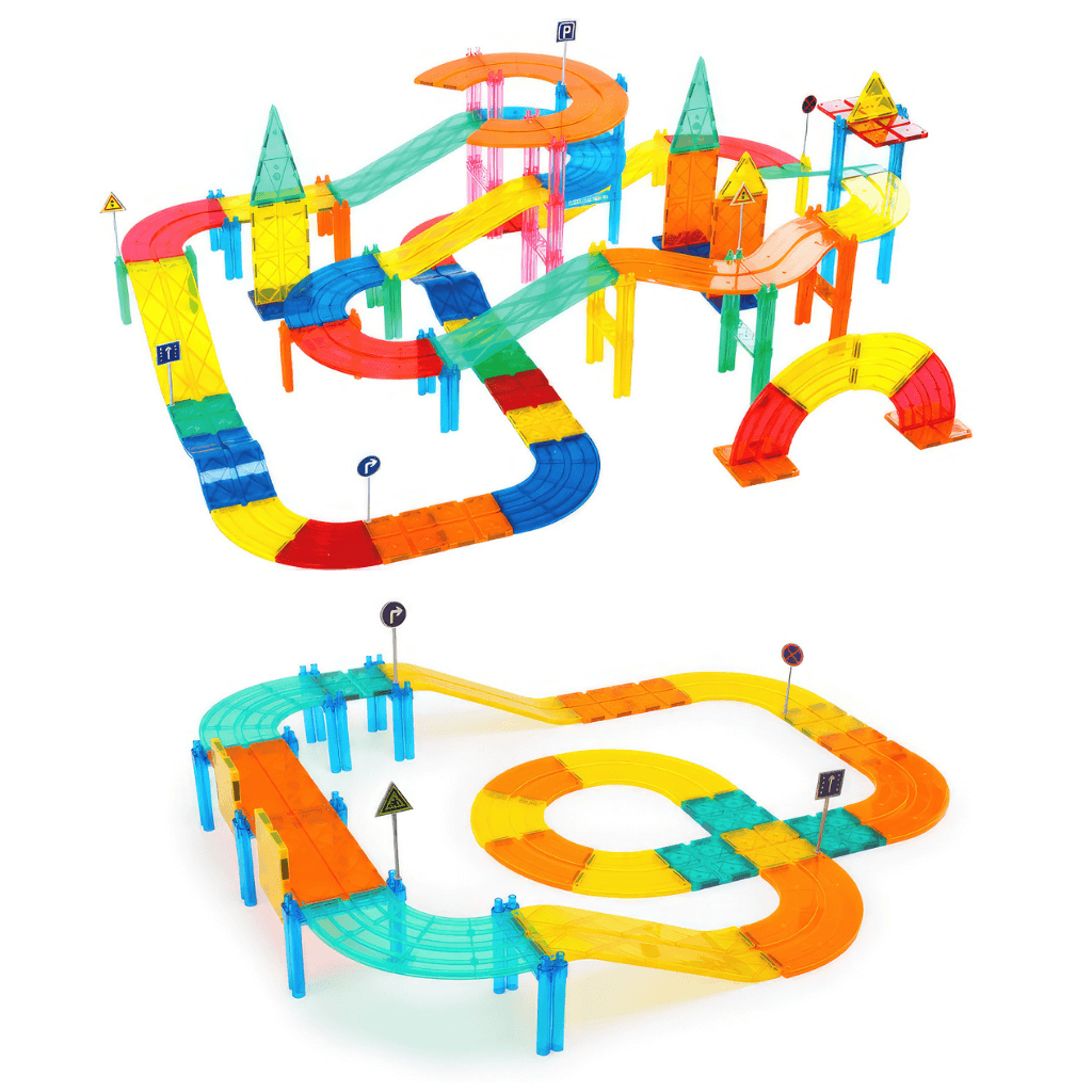 Two constructions made of magnetic car track tiles