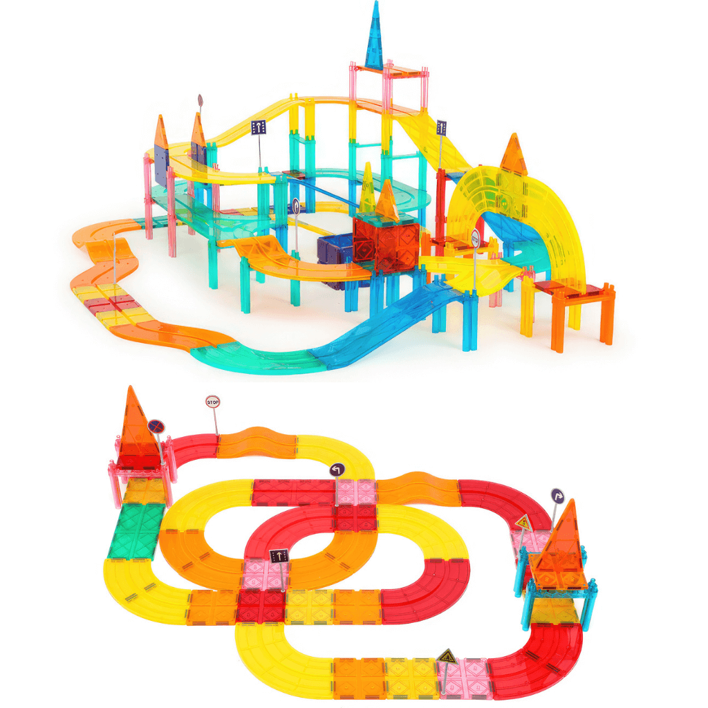 Two constructions made of magnetic race car track building blocks