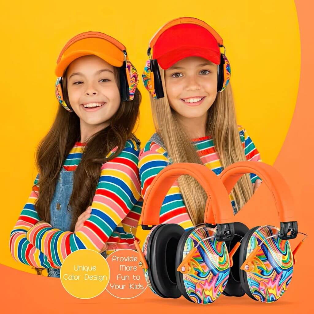 Two girls wearing orange earmuffs