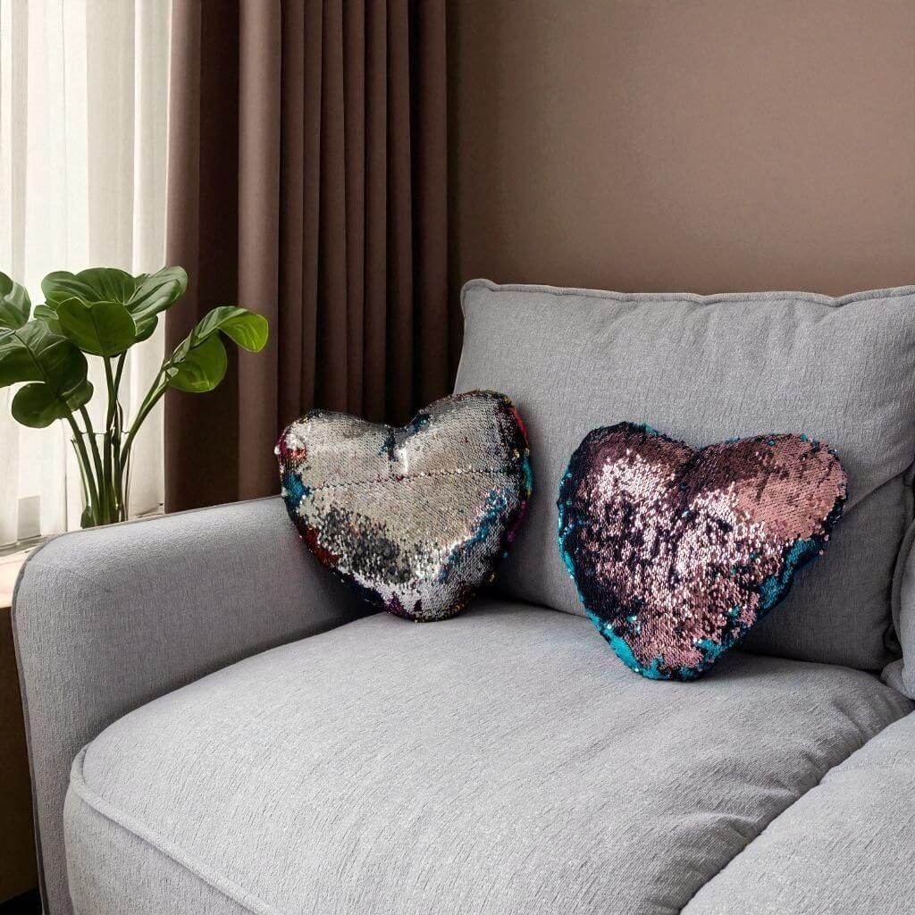 Two heart-shaped sequin pillows on a grey sofa