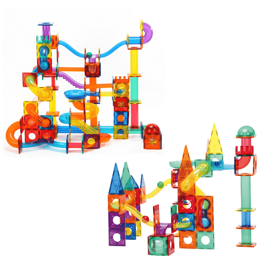 Two magnetic tiles marble run constructions
