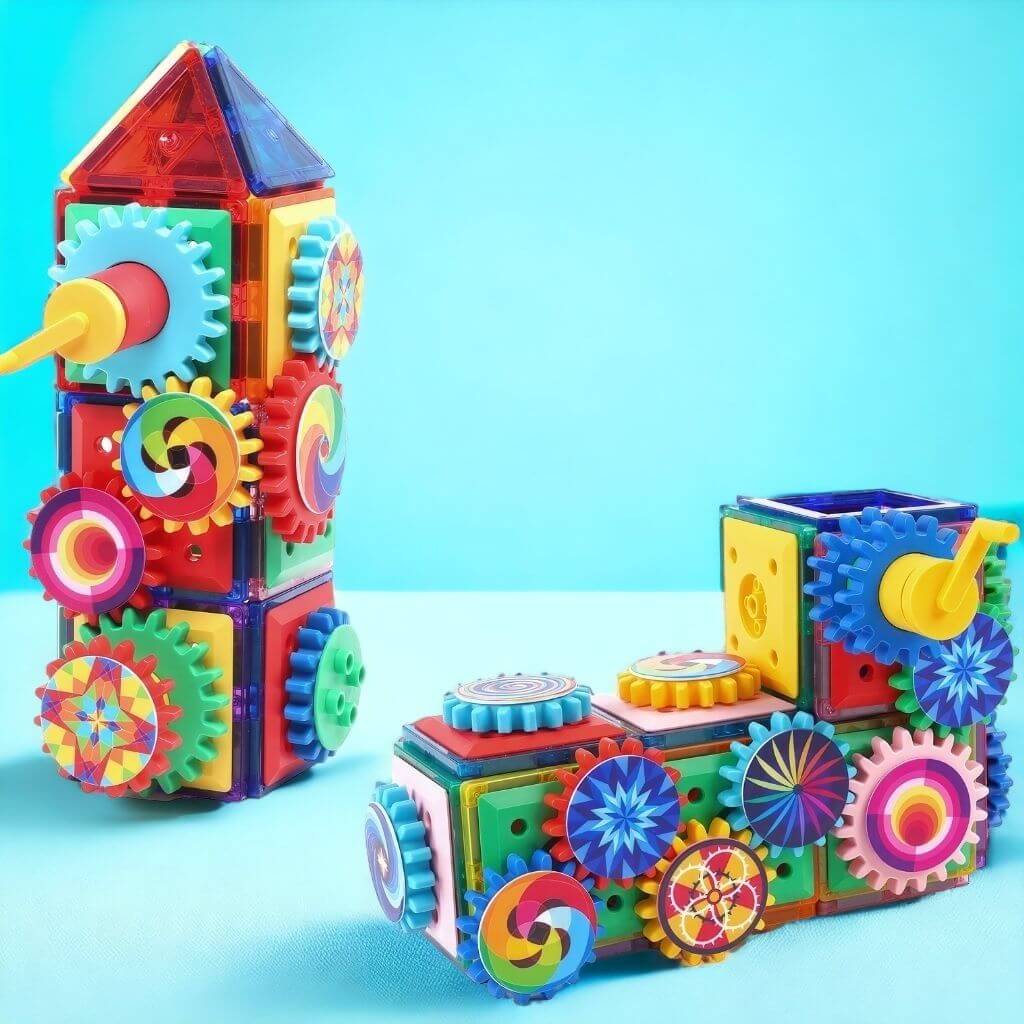 Two towers made of magnetic tiles with gears on blue background