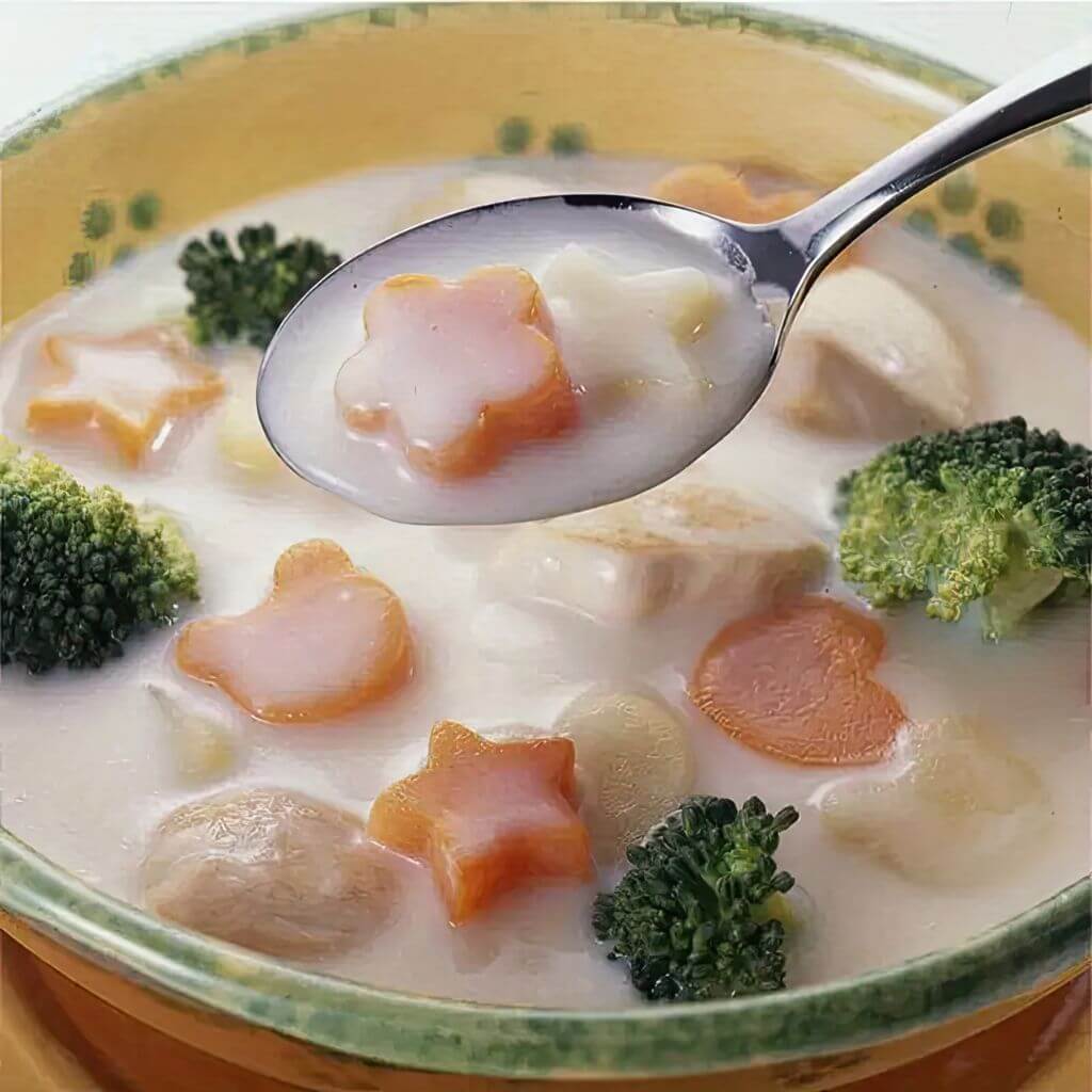 Vegetables in a soup cut with shape food cutters