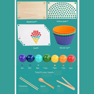What is included in the Montessori toy to develop fine motor skills on teal background