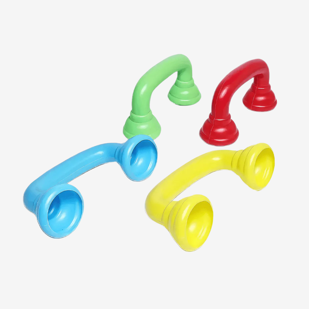 Whisper phones blue, yellow, red, green on white background