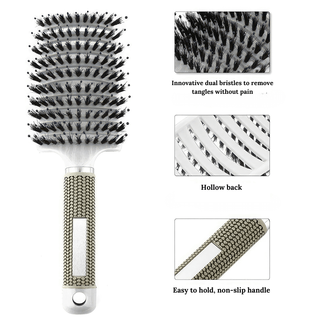 White detangling hair brush info graphic