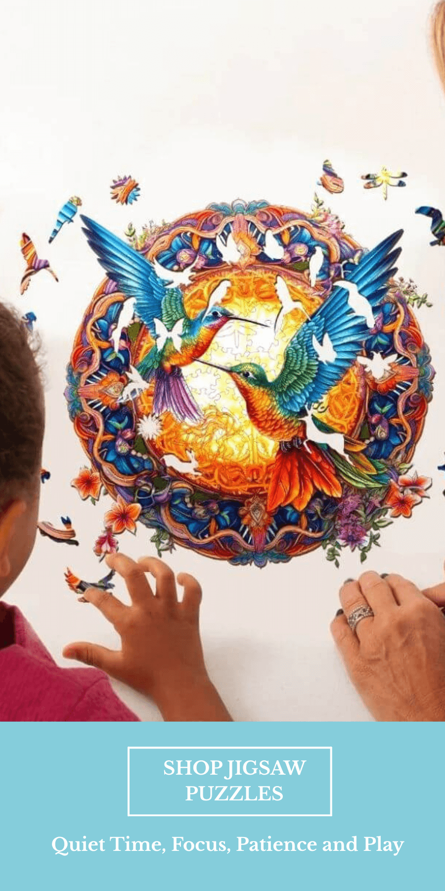 Woman and girls making a wooden jigsaw puzzle