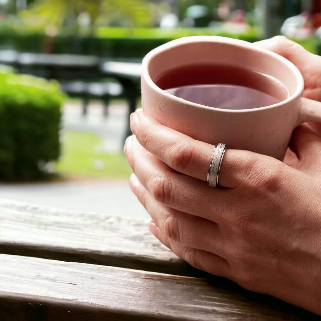 Woman&#39;s hands holding a tea mug wearing a silver fidget ring on the index finger on green blurred background
