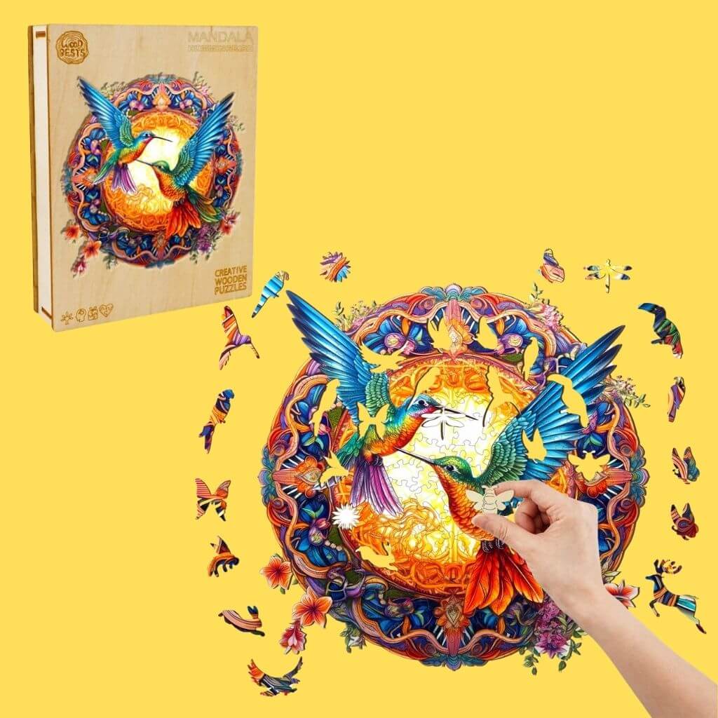 Woman&#39;s hands making a Hummingbirds wood puzzle on yellow background