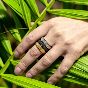Woman's hand wearing gold, black, silver fidget rings on the middle finger on a palm leaf