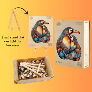 Wooden animal puzzle penguins box contents on yellow background