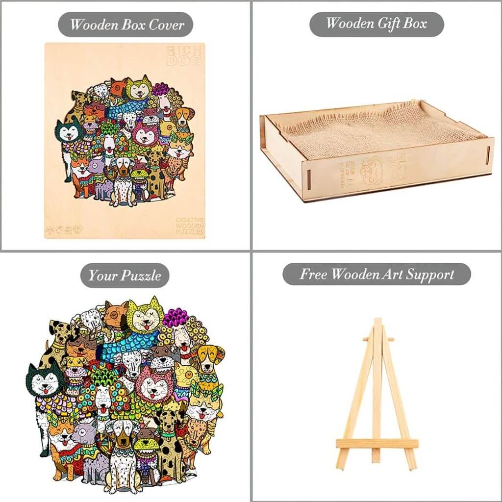 Round wooden jigsaw puzzle for adults - dogs  box contents
