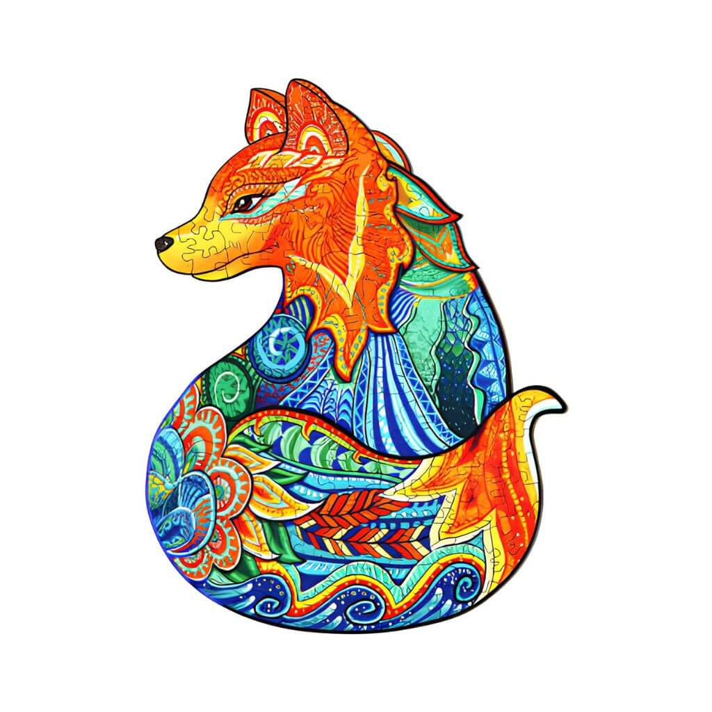 Wooden jigsaw puzzle fox on white background