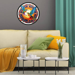 Wooden jigsaw puzzle with hummingbirds mounted on a living room wall