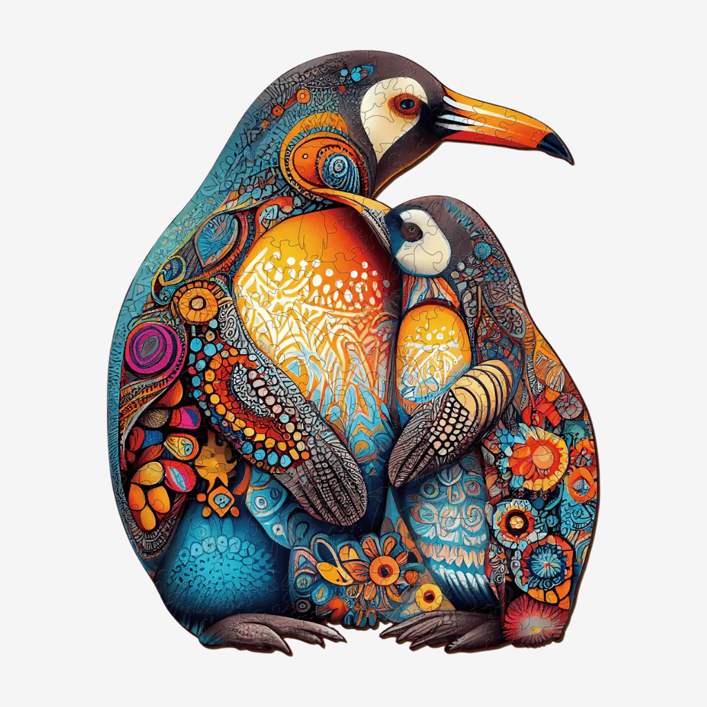 Wooden jigsaw puzzle penguins on white background