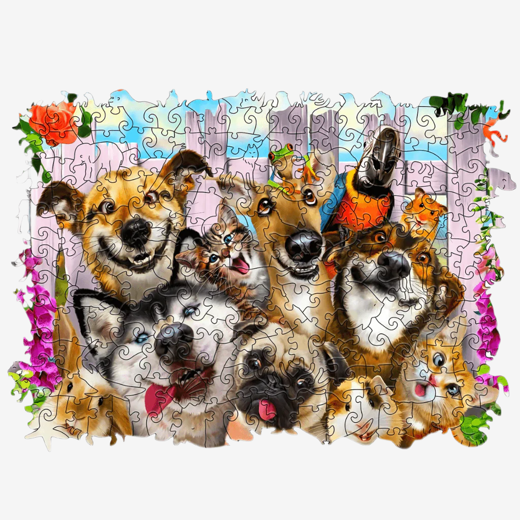 Wooden jigsaw puzzle with pets on white background
