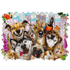 Wooden jigsaw puzzle with pets on white background