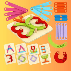 Wooden letter and number construction set on yellow background