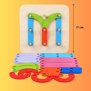 Wooden letters and numbers construction activity set with dimensions on yellow background