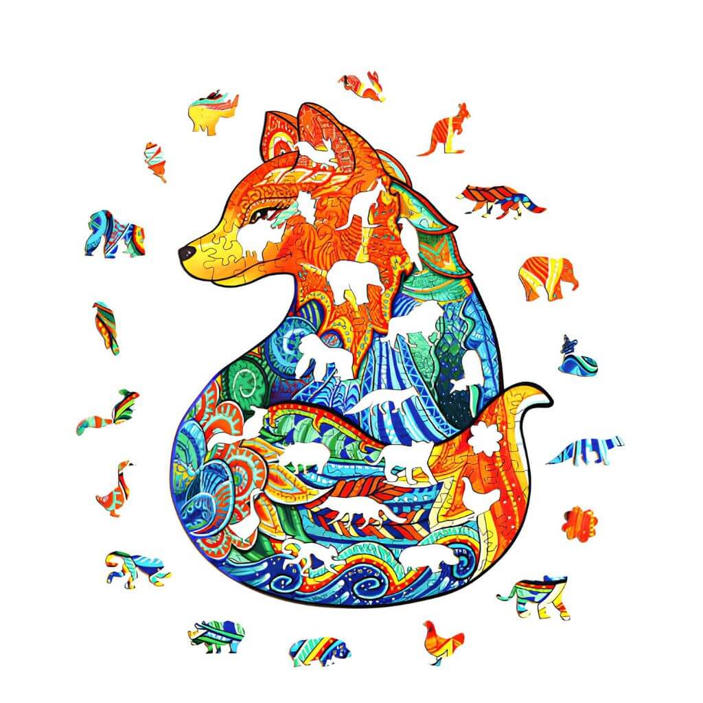 Wooden puzzle fox with animal shaped pieces on white background