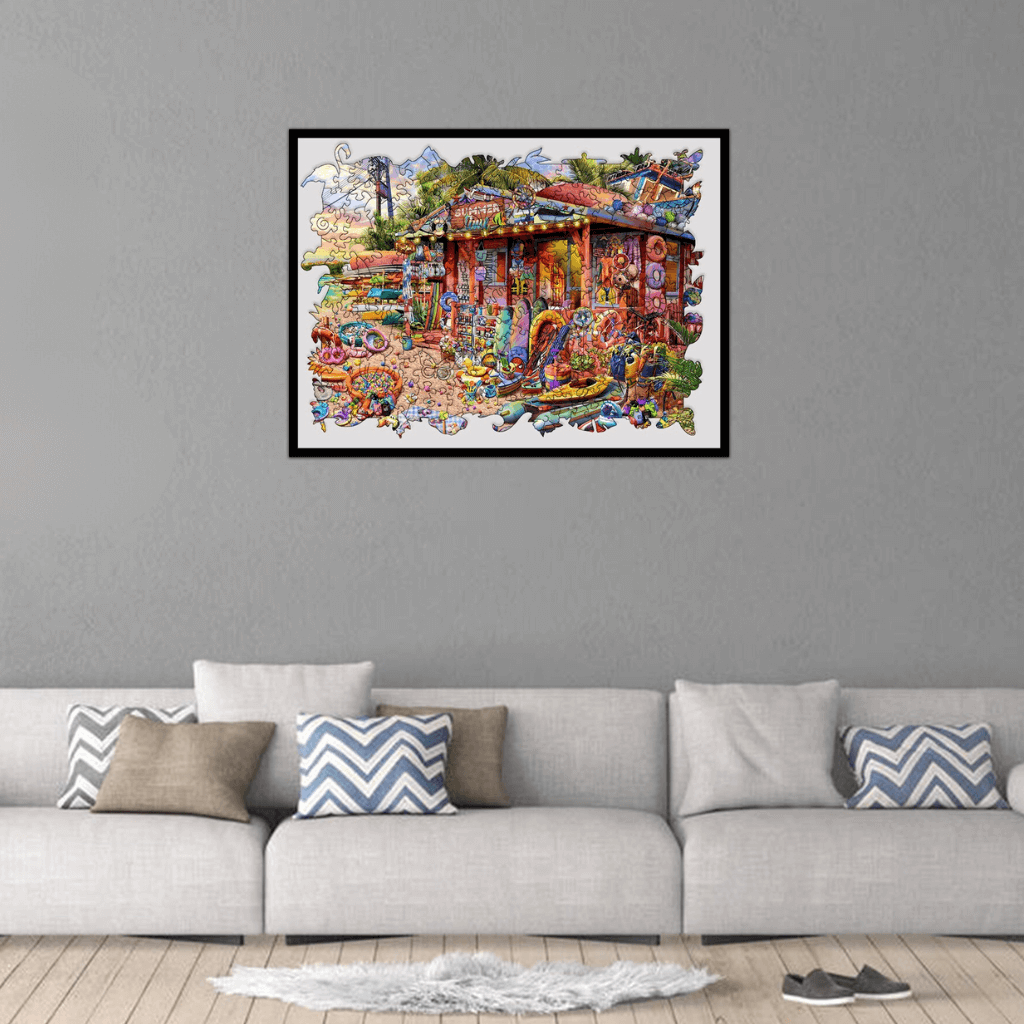 Wooden puzzle jigsaw Happy Summer Time mounted above a white sofa