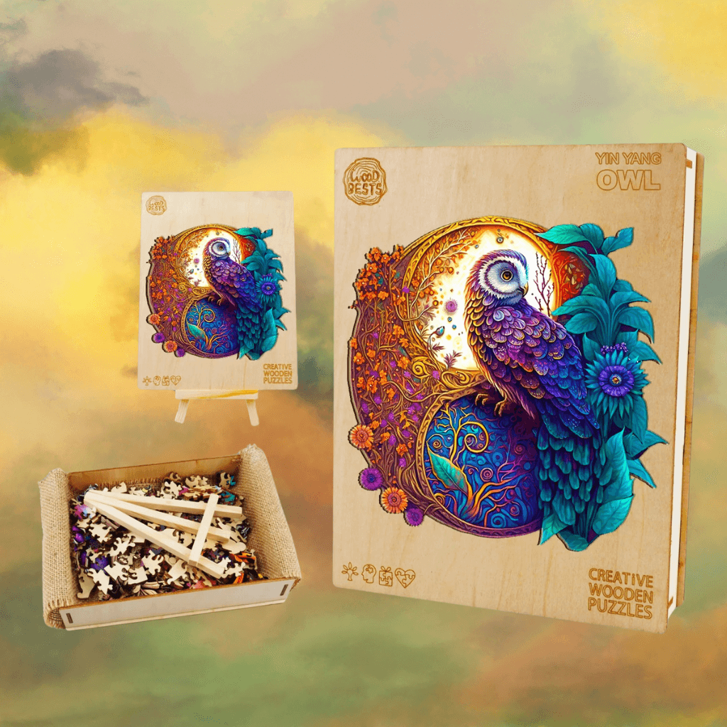 Wooden puzzle owl box and contents on a on whimsical background