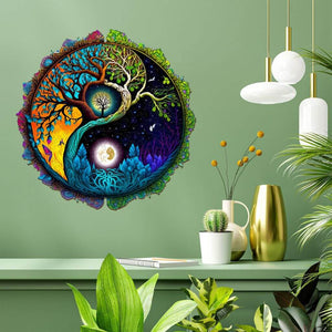 Round wooden puzzle secret garden mounted on a living room wall